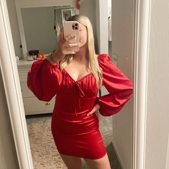 Fiestar Dresses | Fiestar Long Sleeve Red Satin Mini Dress | Color: Red | Size: M | Jennahanlon's Closet